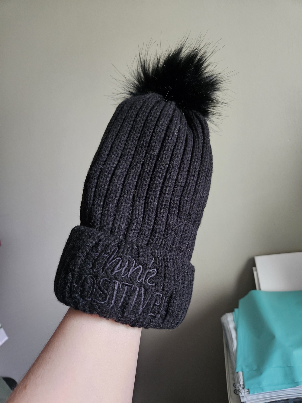 Black Knit Pom Pom Beanie - Think Positive